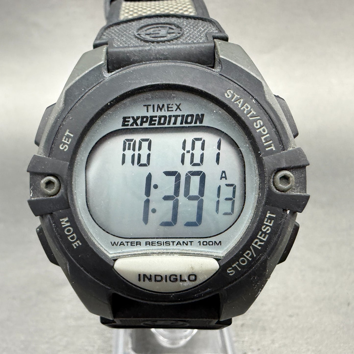 Timex Expedition Watch Men 42mm Digital Silver Black Alarm Chrono Round New Batt0