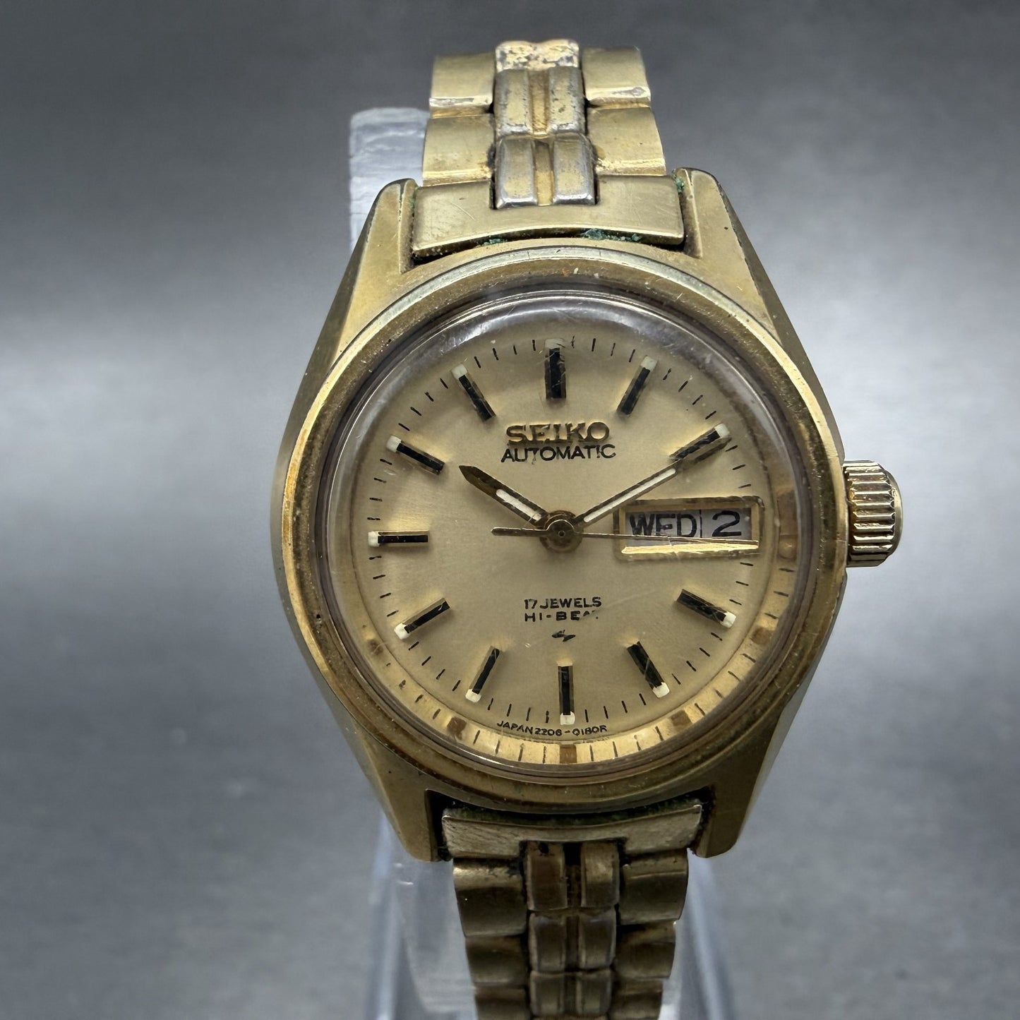 Seiko Automatic Watch Women 24mm Champagne Dial Gold Tone Daydate 2206-0111 Runs0