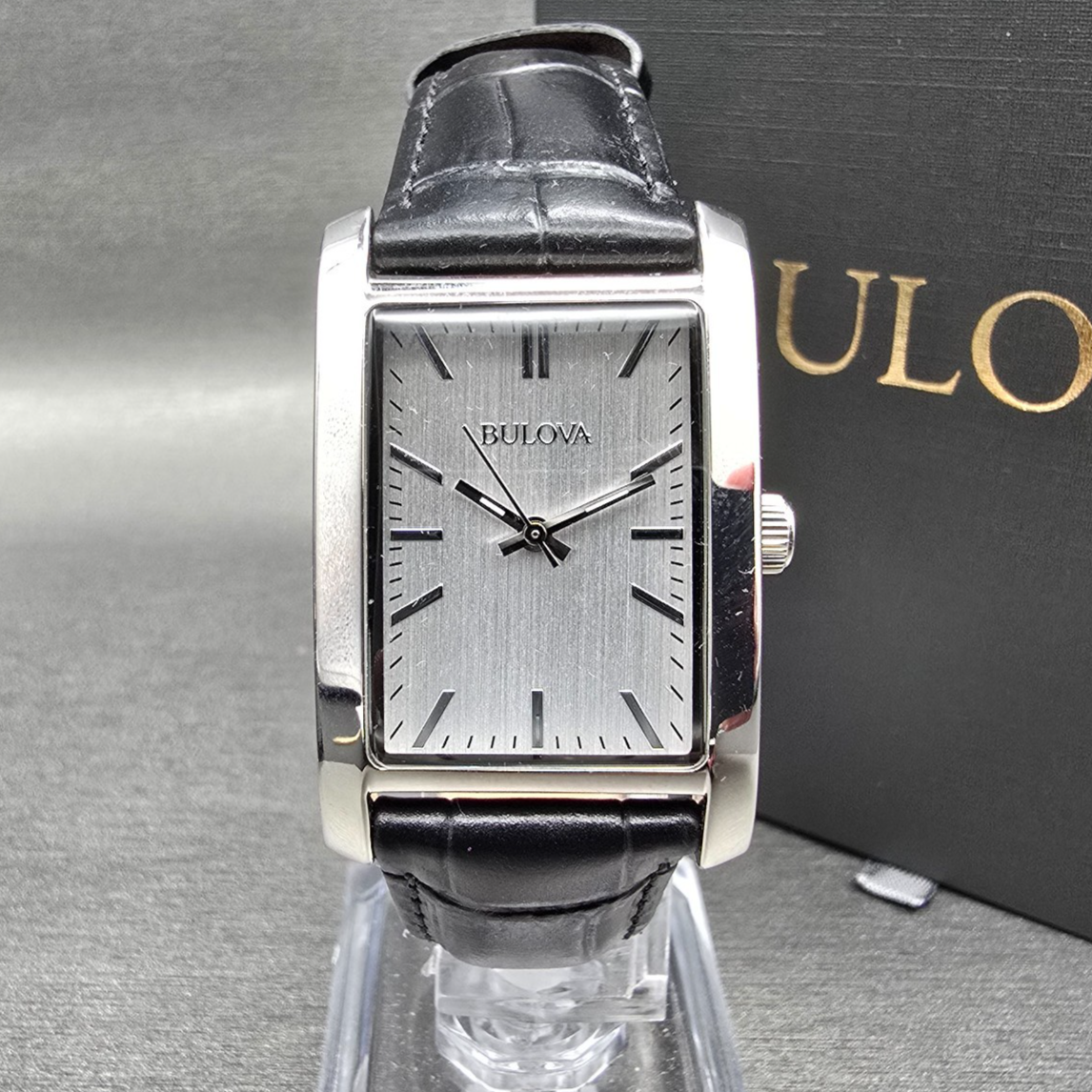 Bulova Watch Men 24mm Silver Dial Silver Tone Rectangle 96A156 New Battery0