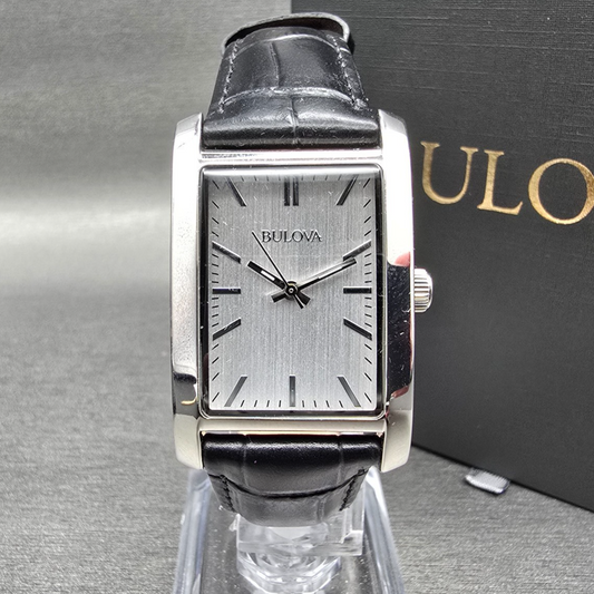 Bulova Watch Men 24mm Silver Dial Silver Tone Rectangle 96A156 New Battery0