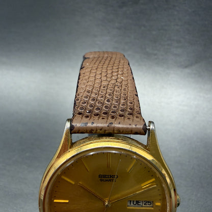 Seiko SQ Watch Men 34mm Champagne Dial Gold Tone Daydate 5Y23-7079 New Battery 54