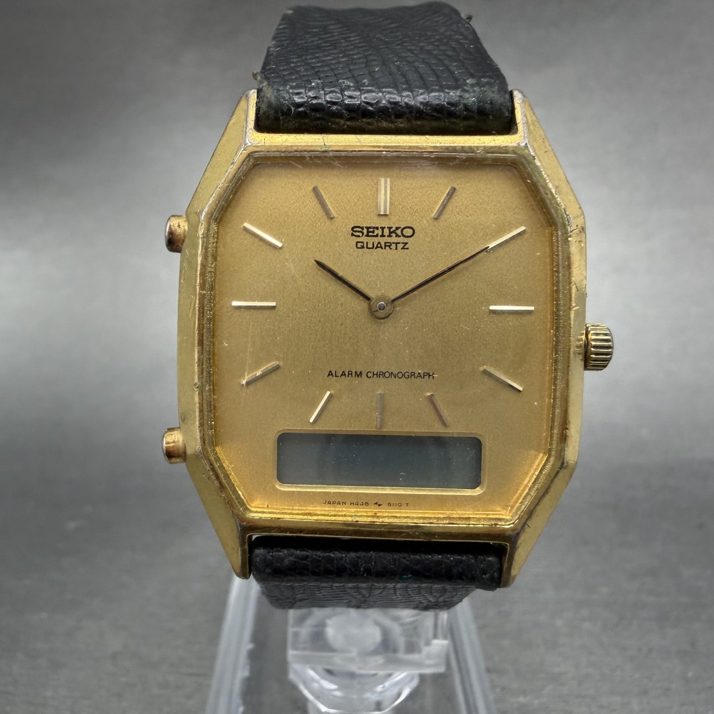 Seiko Analgo Digital Watch Men 29mm Gold Dial Gold Tone Alarm H448-5060 PARTS0