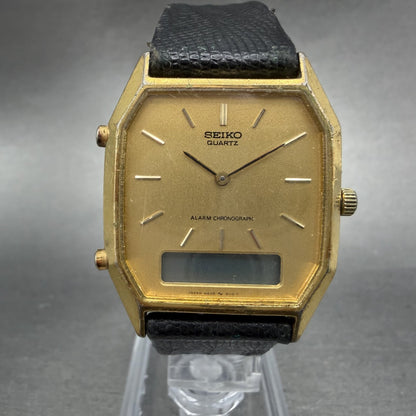 Seiko Analgo Digital Watch Men 29mm Gold Dial Gold Tone Alarm H448-5060 PARTS0