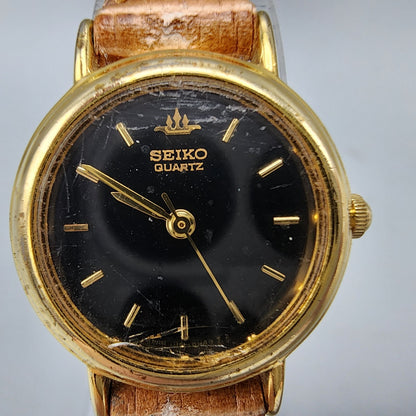 Vintage Seiko Watch Women Gold Tone Black Dial Round 1N01-0E20 New Battery