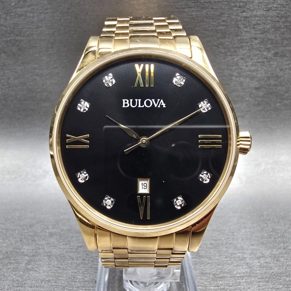 Bulova Watch Men 40mm Black Dial Gold Tone Date Gemmed 97D108 New Battery0