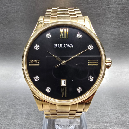 Bulova Watch Men 40mm Black Dial Gold Tone Date Gemmed 97D108 New Battery0