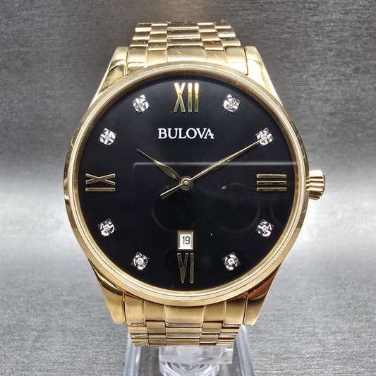 Bulova Watch Men 40mm Black Dial Gold Tone Date Gemmed 97D108 New Battery0