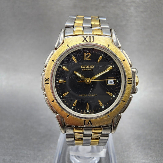 VTG Casio Watch Women 28mm Black Dial Two Tone Date Round LTP1073 New Battery0
