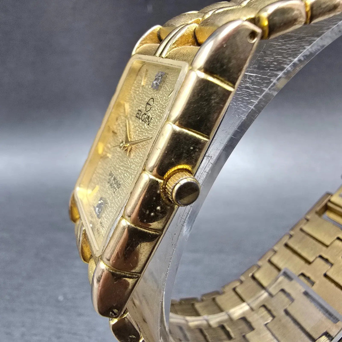 Elgin Tank Watch Men 23mm Champagne Dial Gold Rectangle Diamond Quartz New batt2
