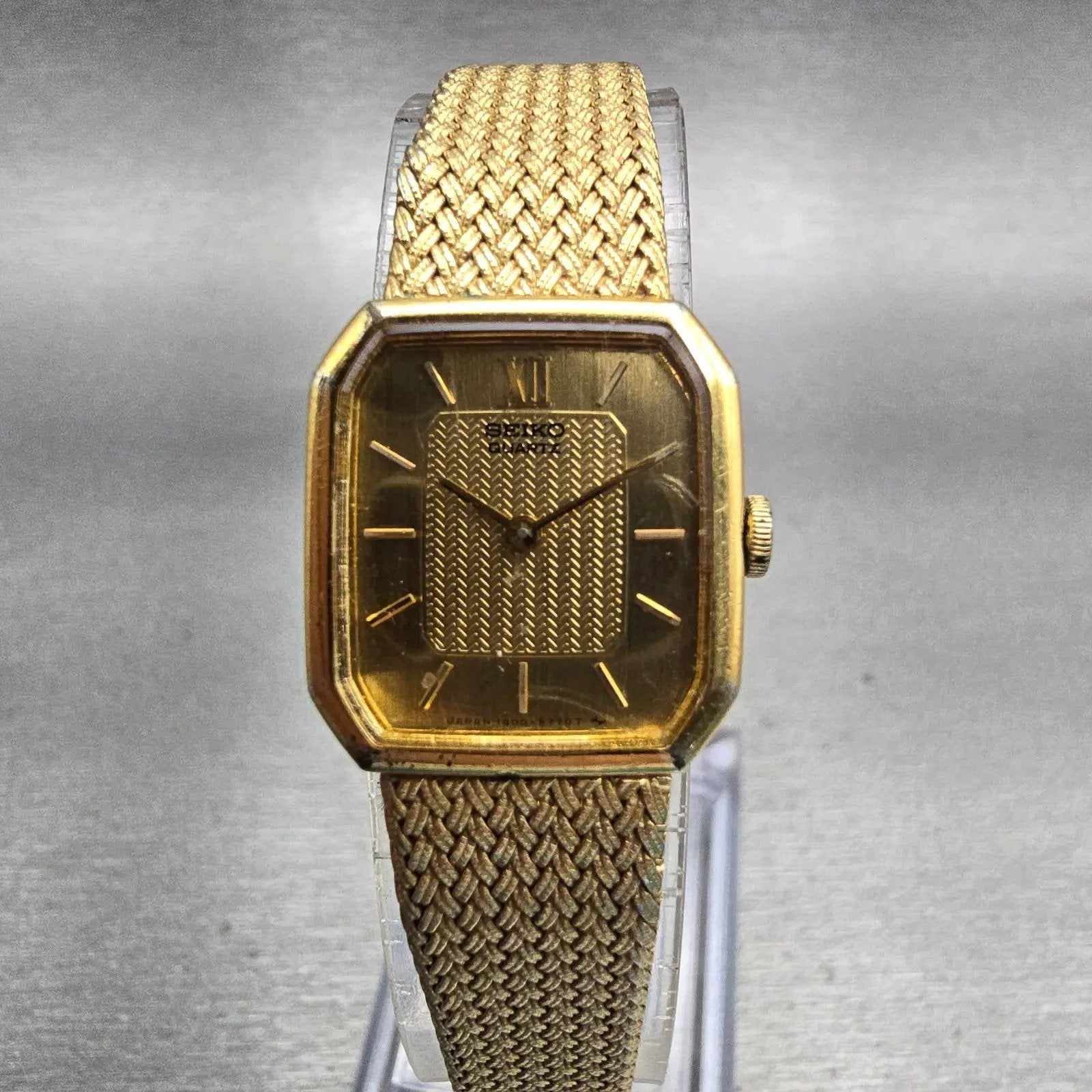 Seiko Watch Women 17mm Gold Dial Gold Tone Rectangle 1400-8089 New Battery VTG0