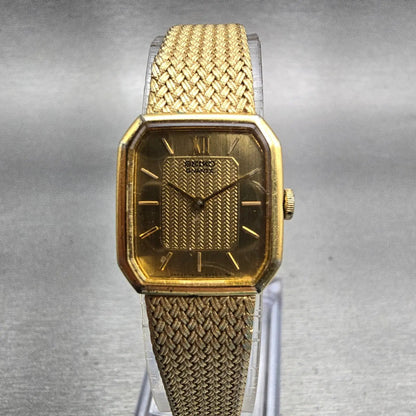 Seiko Watch Women 17mm Gold Dial Gold Tone Rectangle 1400-8089 New Battery VTG0