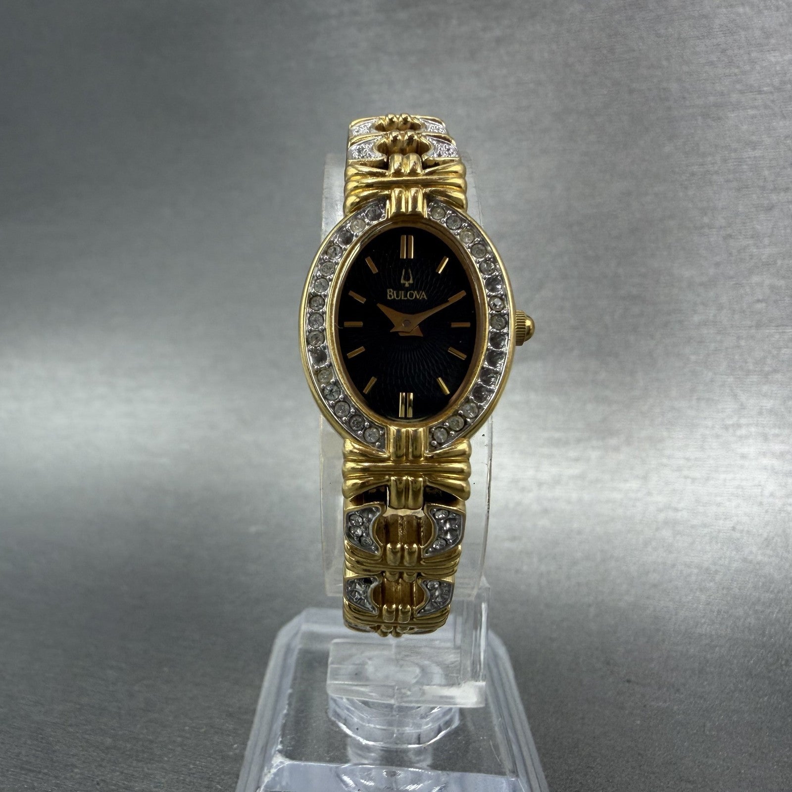 Bulova Crystal Watch Women 18mm Black Dial Gold Tone Crystal Bezel New Battery6