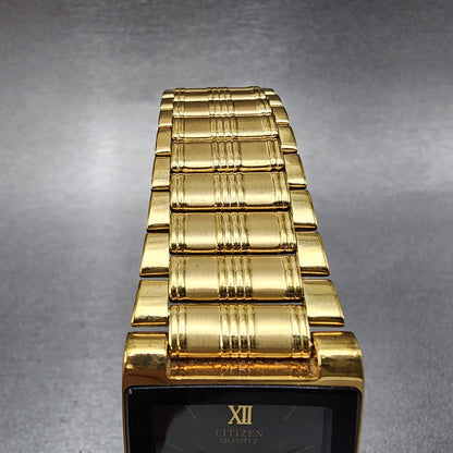 Citizen CQ Tank Watch Men 24mm Black Dial Gold Tone 1022-h14231 New Battery