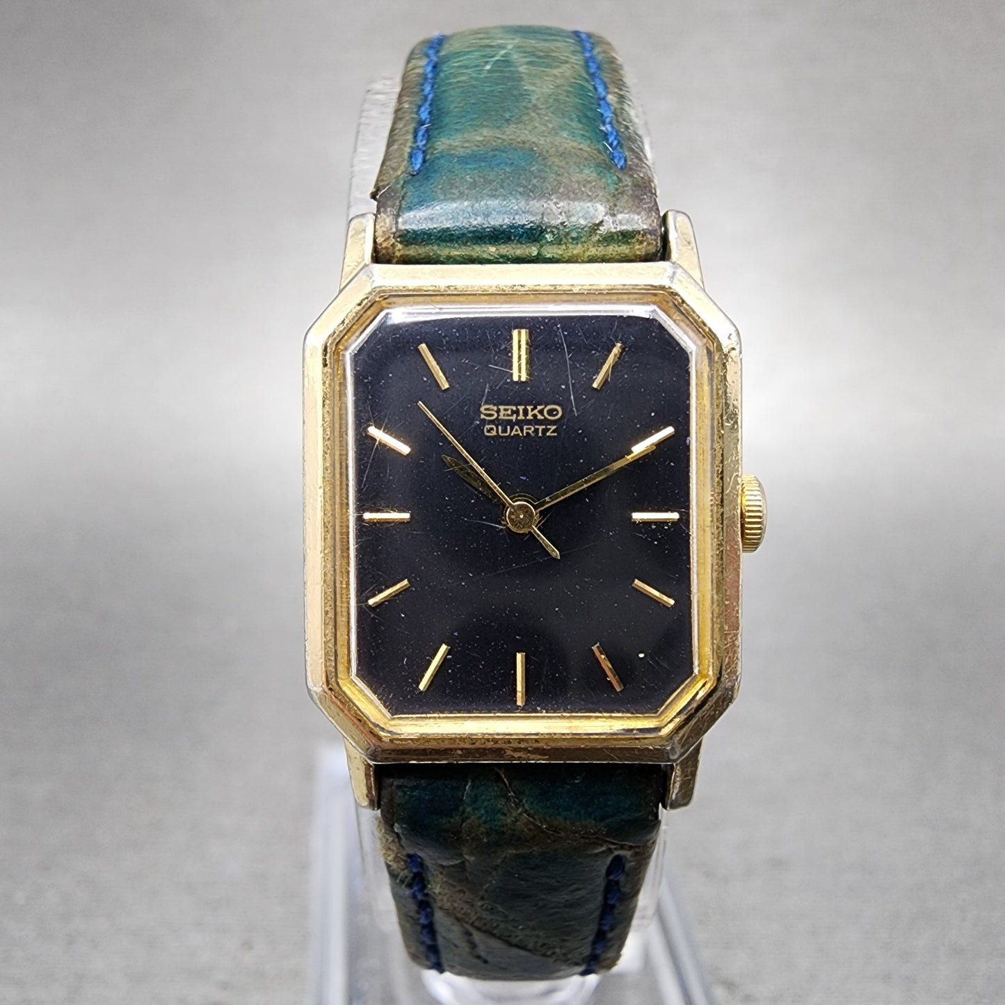 Seiko Watch Women 18mm Blue Dial Gold Tone Octagon 2C215090 New Battery VTG0