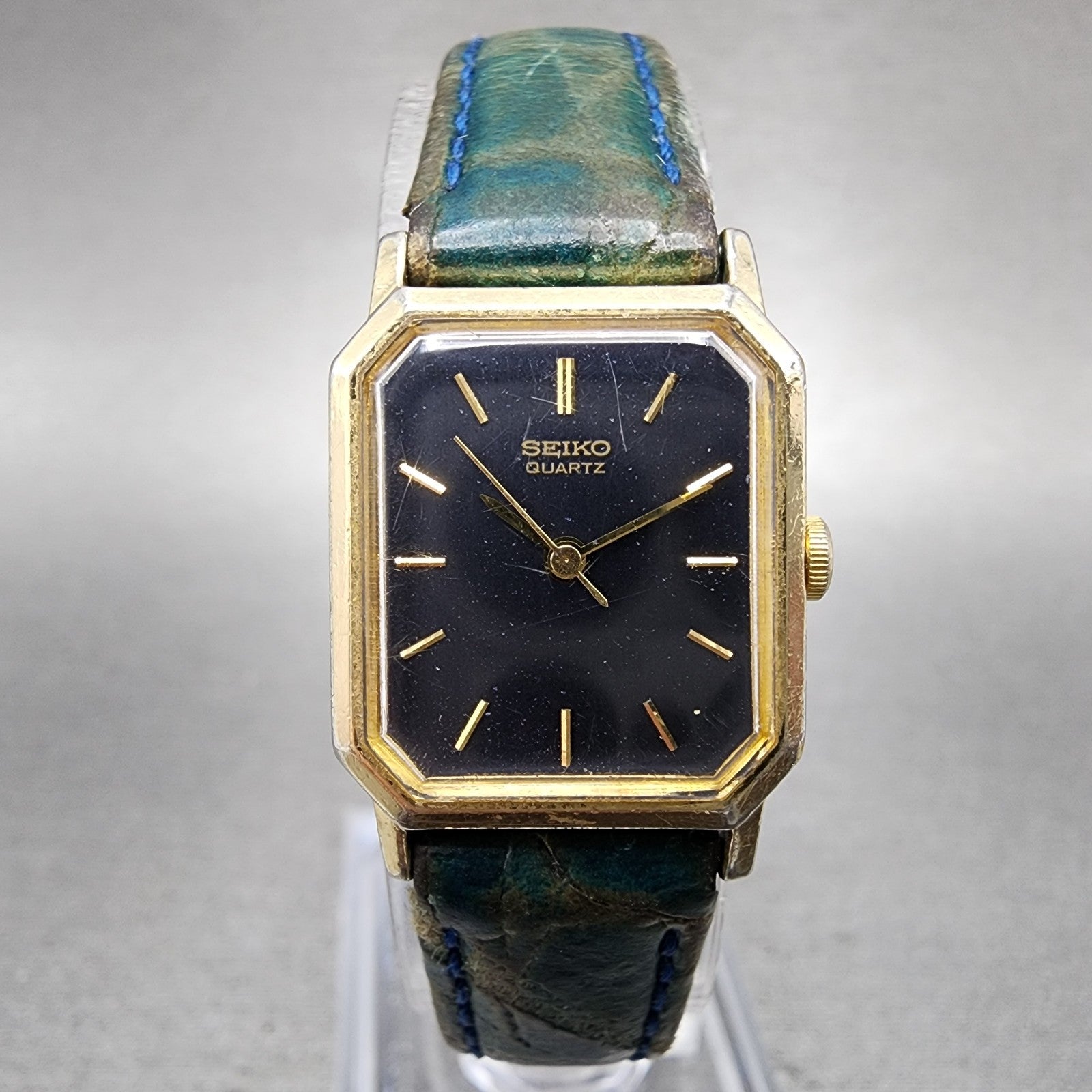 Seiko Watch Women 18mm Blue Dial Gold Tone Octagon 2C215090 New Battery VTG0