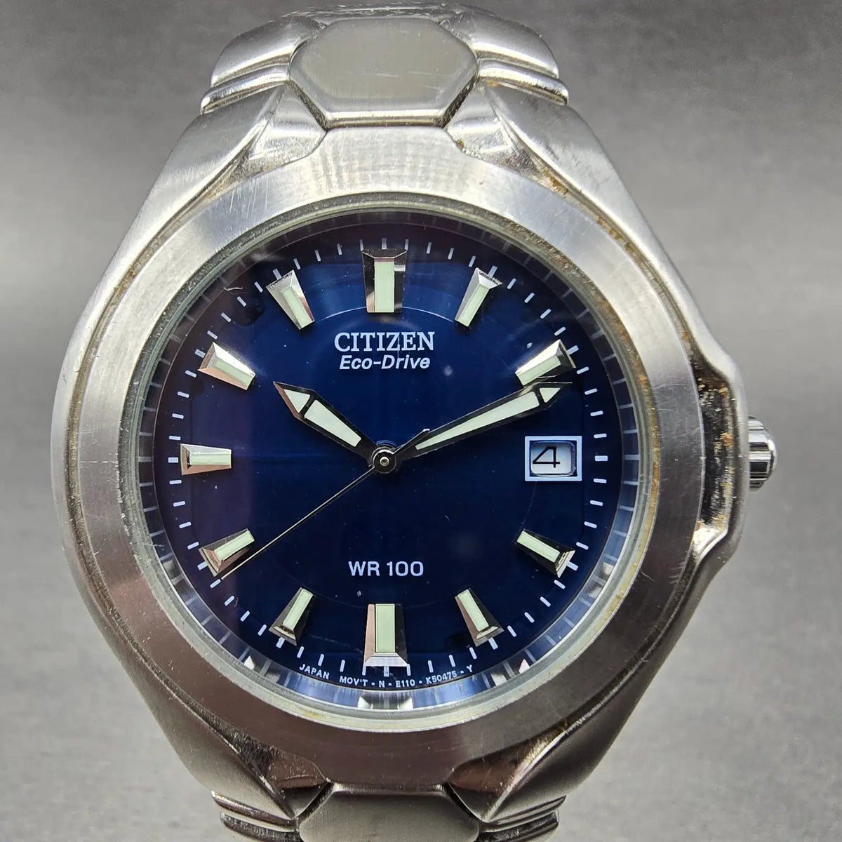 Citizen Eco-Drive Watch Men 39mm Blue Dial Silver Tone Date E110-K16385 Runs JP50