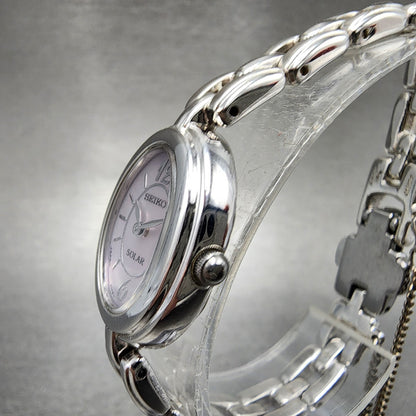 Seiko Solar Watch Women 18mm MOP Dial Silver Tone Oval V110-5a20 Runs