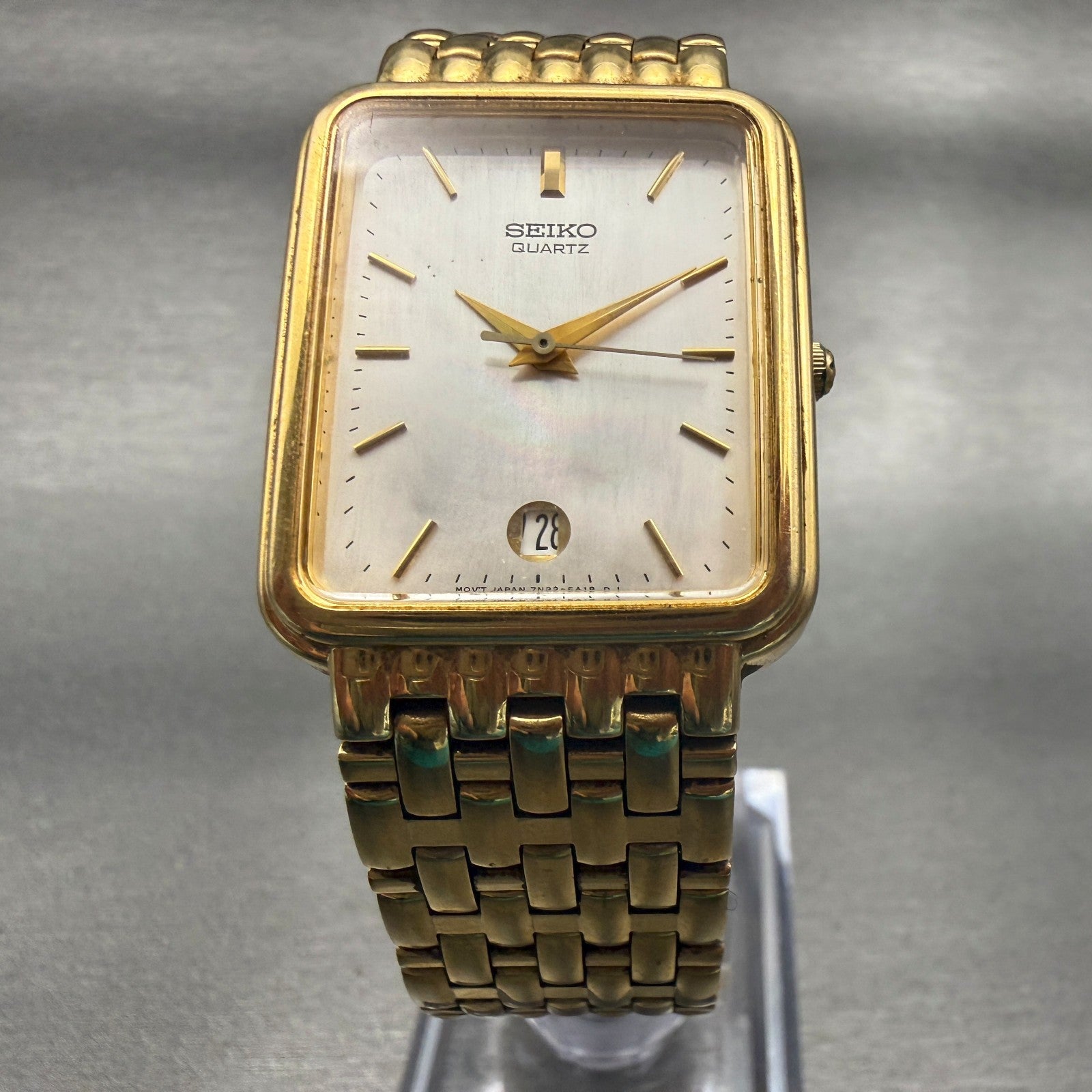 Seiko Watch Men 26mm MOP Dial Gold Tone Date Rectangle 7N22-5A19 New Battery5