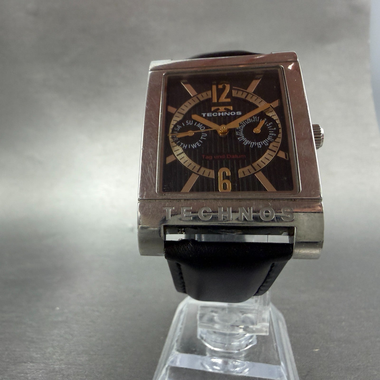 Technos Watch Men 32mm Black Dial Two Tone Daydate Rectangle T2046 New Battery5