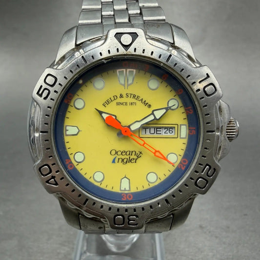 Field & Stream Ocean Angler Watch Men 43mm Yellow Dial Steel Daydate New Battery0
