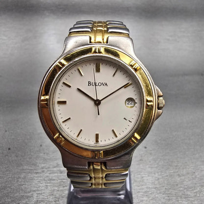 Bulova Watch Men 34mm White Dial Two Tone Date Round 98B52 New Battery0