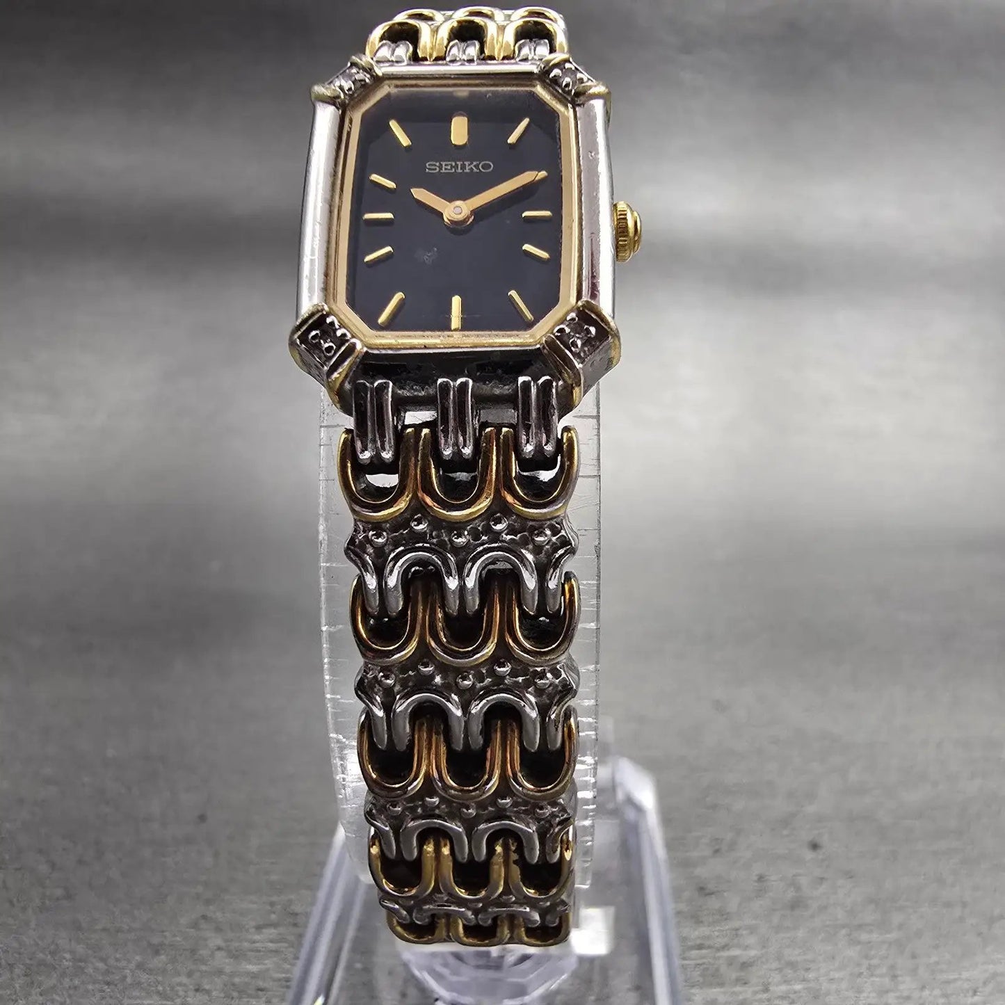 Seiko Watch Women 16mm Black Dial Two Tone Rectangle 1N00-0BK0 New Battery VTG5