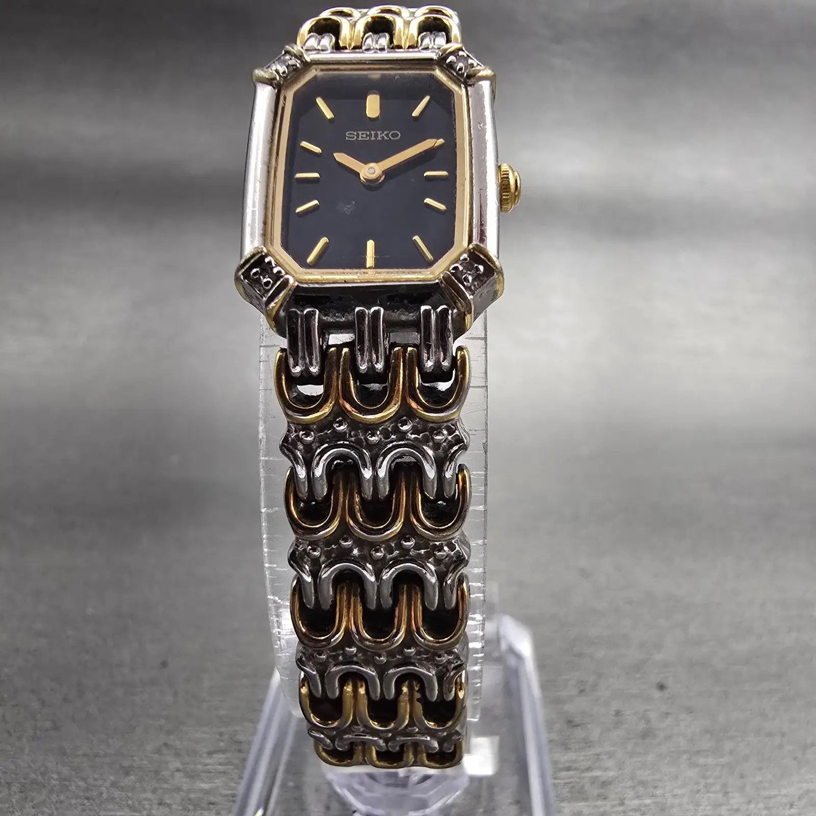 Seiko Watch Women 16mm Black Dial Two Tone Rectangle 1N00-0BK0 New Battery VTG5
