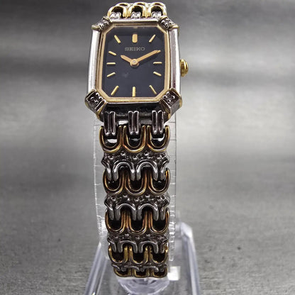 Seiko Watch Women 16mm Black Dial Two Tone Rectangle 1N00-0BK0 New Battery VTG5