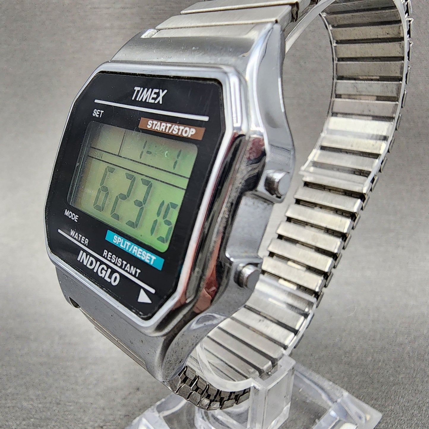 Timex Indiglo Digital Watch Men 36mm Digital Silver Tone Alarm Chrono New Batt