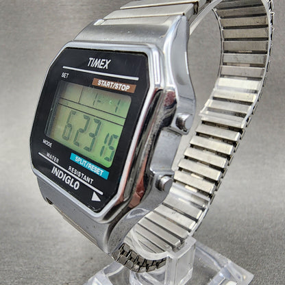 Timex Indiglo Digital Watch Men 36mm Digital Silver Tone Alarm Chrono New Batt