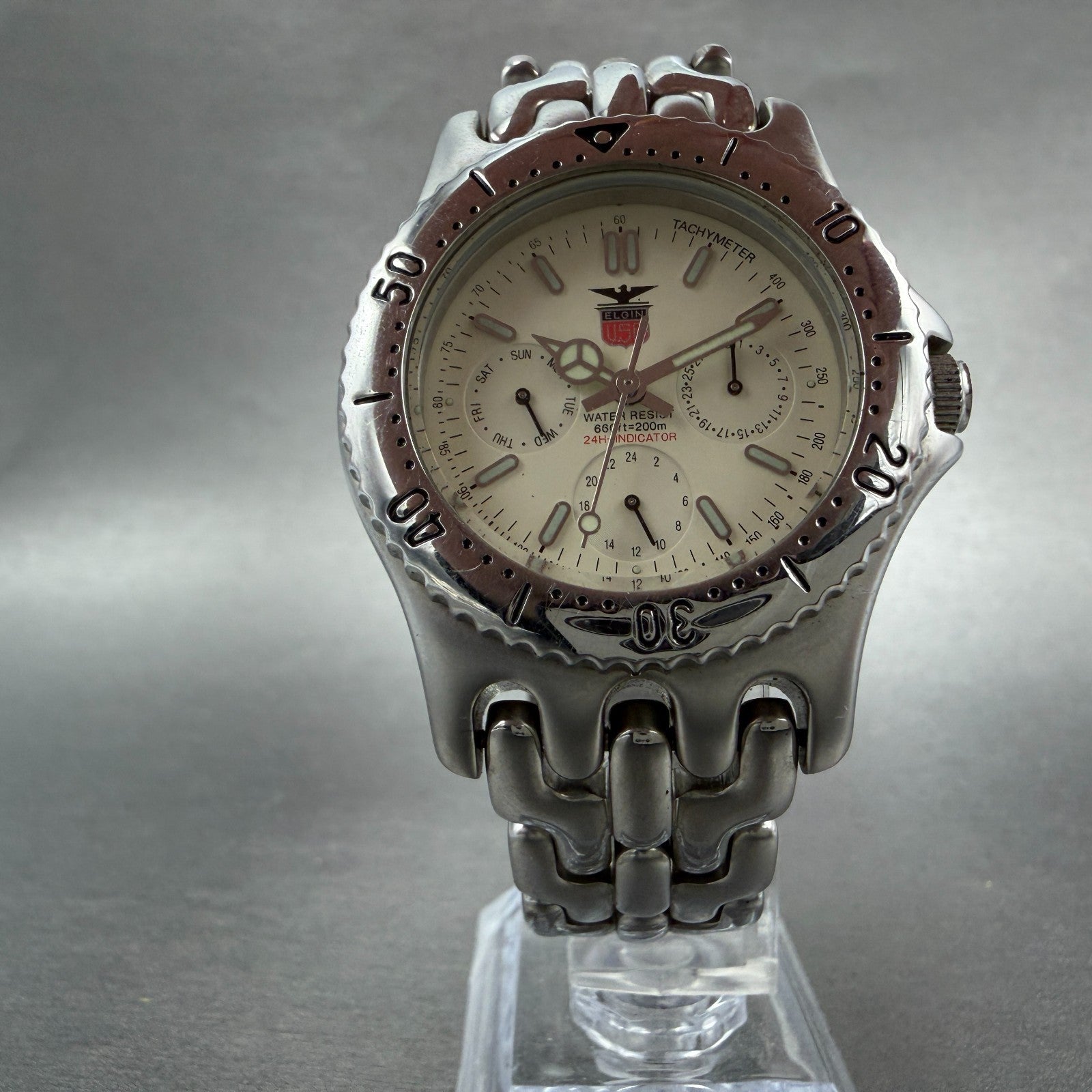 Elgin Watch Men 37mm Cream Dial Silver Tone Round Daydate FK-553 New Battery5