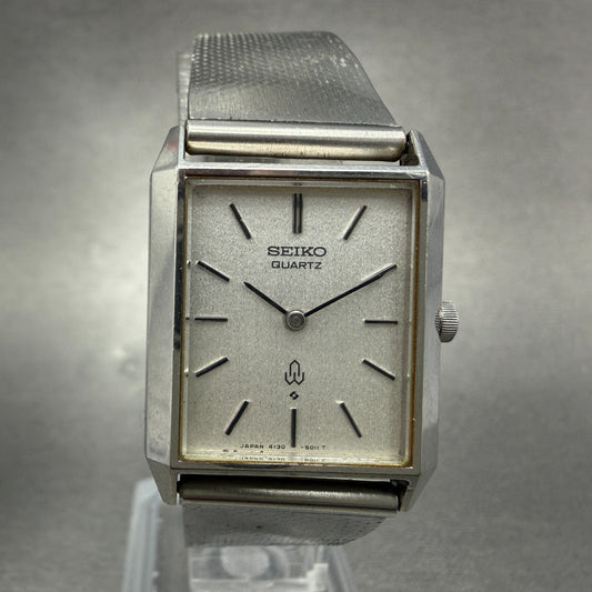 Seiko Tank Watch Women 23mm Silver Dial Silver Tone Rectangle 4130-5010 New Batt0
