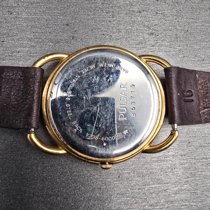 Pulsar Moon Phase Watch Men 33mm Black Dial Gold Tone V338-6000 New Battery READ10