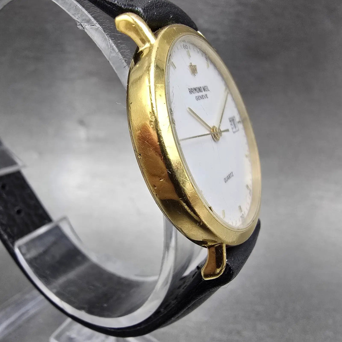 Raymond Weil Watch Men 31mm White Dial Gold Plated Date Round 5507-2 New Battery3