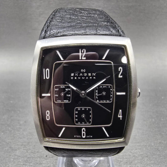 Skagen Tank Watch Men 35mm Black Dial Silver Tone Daydate 390LSLB1 New Battery0