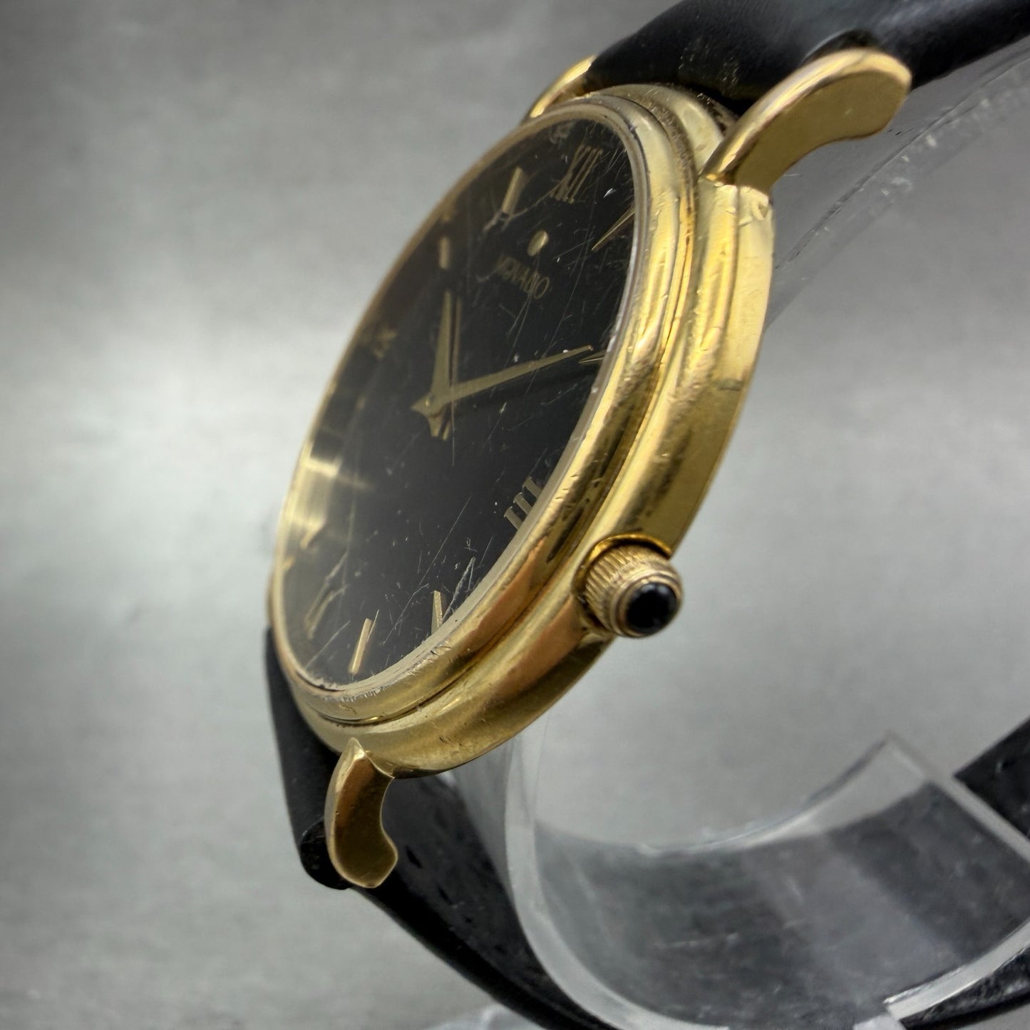 Movado Watch Men 34mm Black Dial Gold Tone Round 87-E4-0885 New Battery VTG BG2