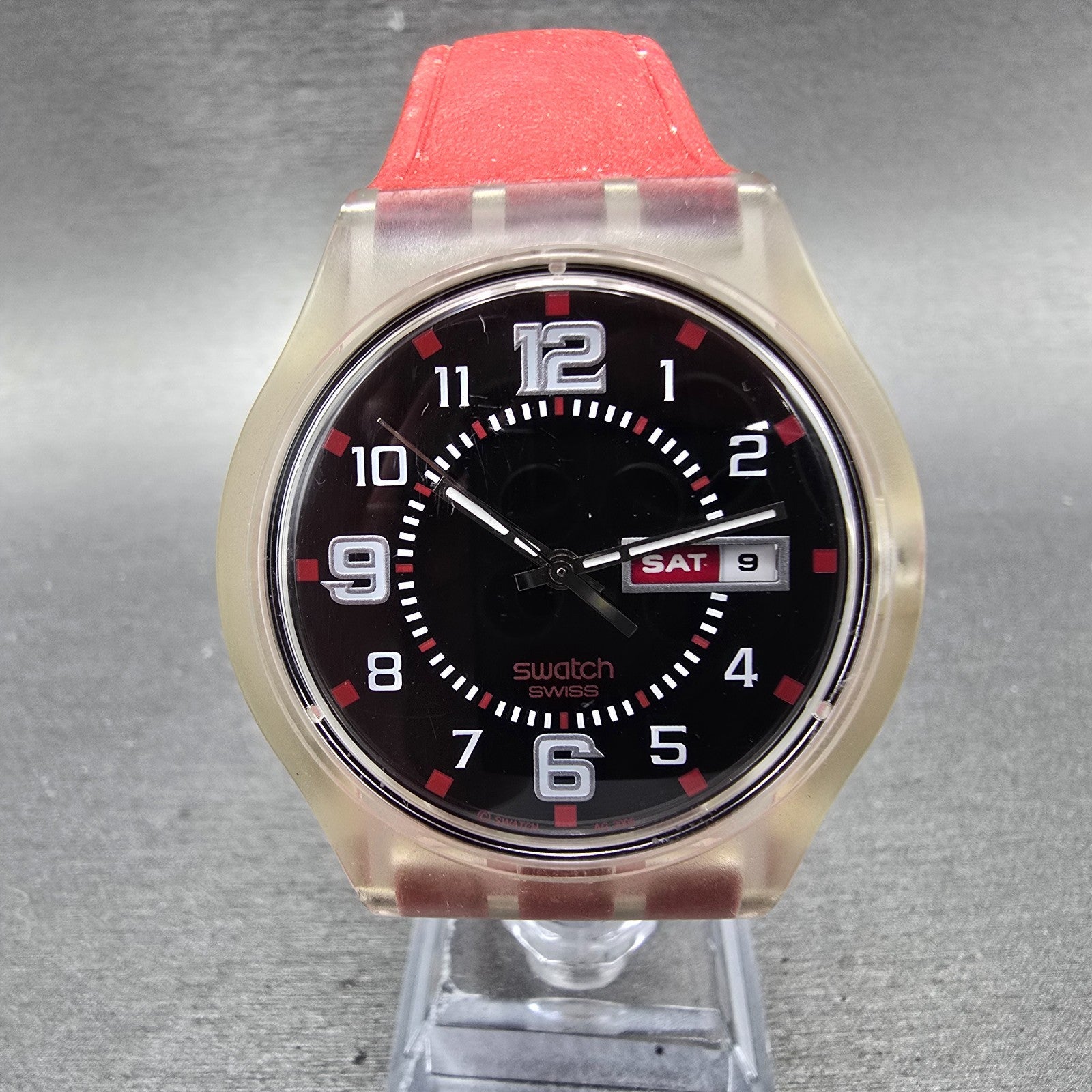 Swatch Ruby Touch Watch Men 38mm Black Dial Clear Case Daydate Round New Battery0