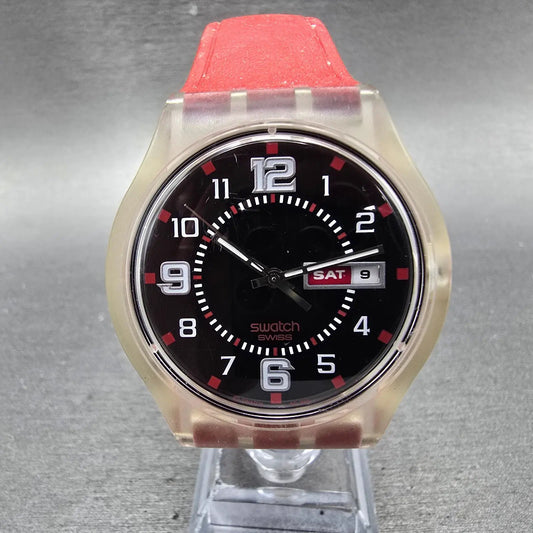 Swatch Ruby Touch Watch Men 38mm Black Dial Clear Case Daydate Round New Battery0
