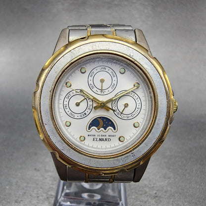 Elnard Triple Calendar Watch Men 37mm White Dial Two Tone Sun&Moon Round New Bat