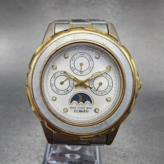 Elnard Triple Calendar Watch Men 37mm White Dial Two Tone Sun&Moon Round New Bat