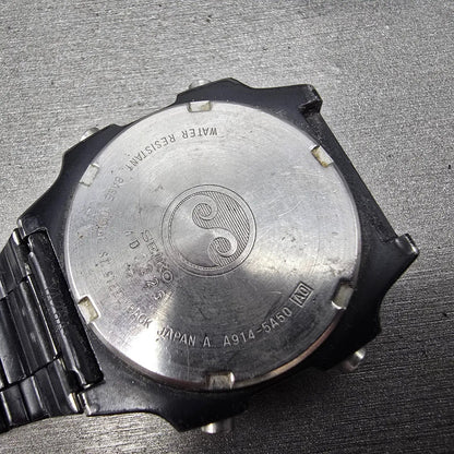 Seiko Silver Wave Watch Men 34mm Black Digital Chronograph A914-5A50 PARTS VTG15