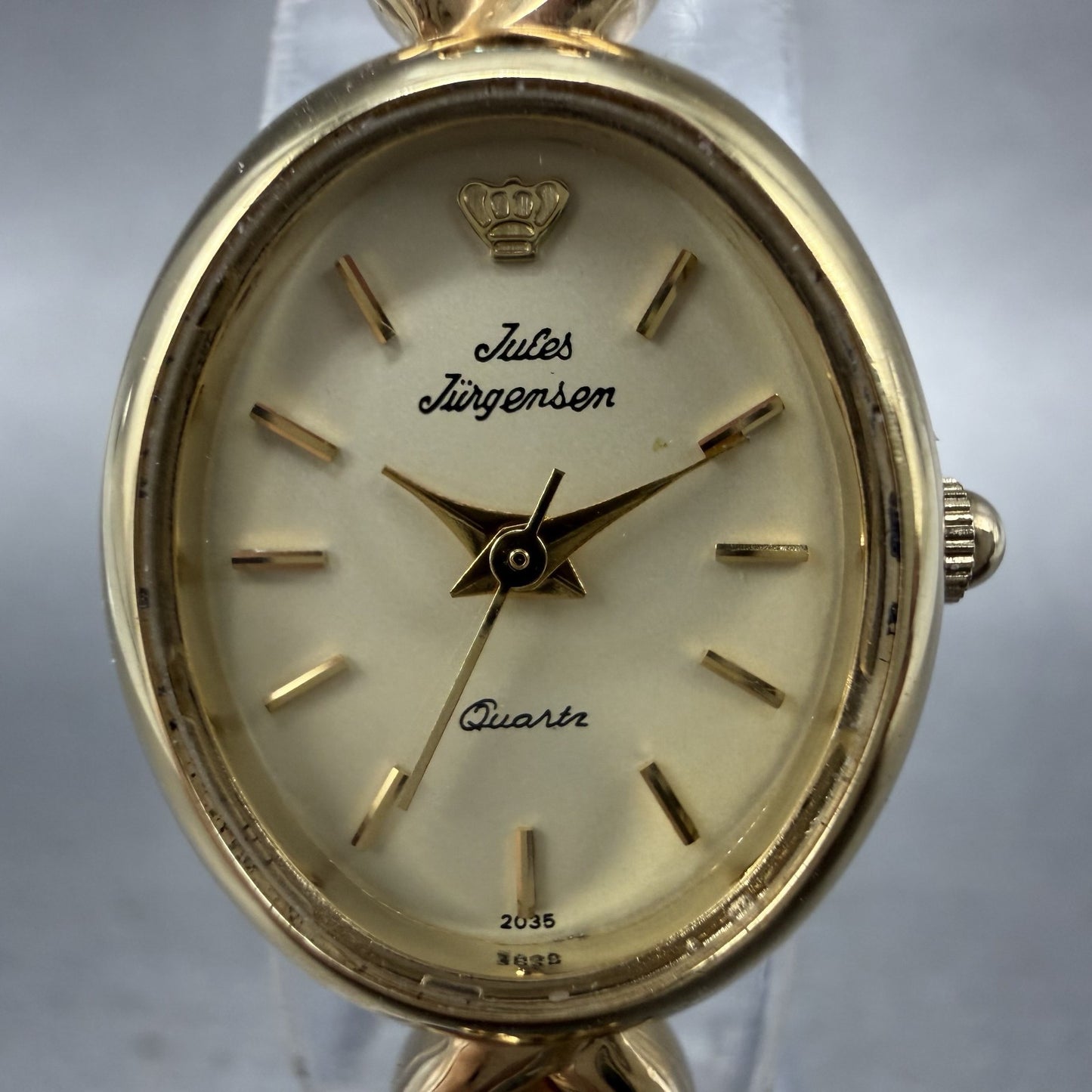 Jules Jurgenson Watch Women 19mm Cream Dial Gold Tone Oval Blue Topaz New Batt1