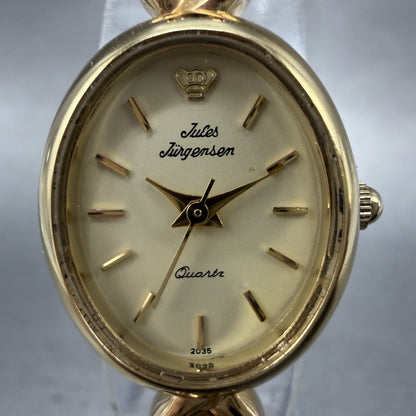 Jules Jurgenson Watch Women 19mm Cream Dial Gold Tone Oval Blue Topaz New Batt1
