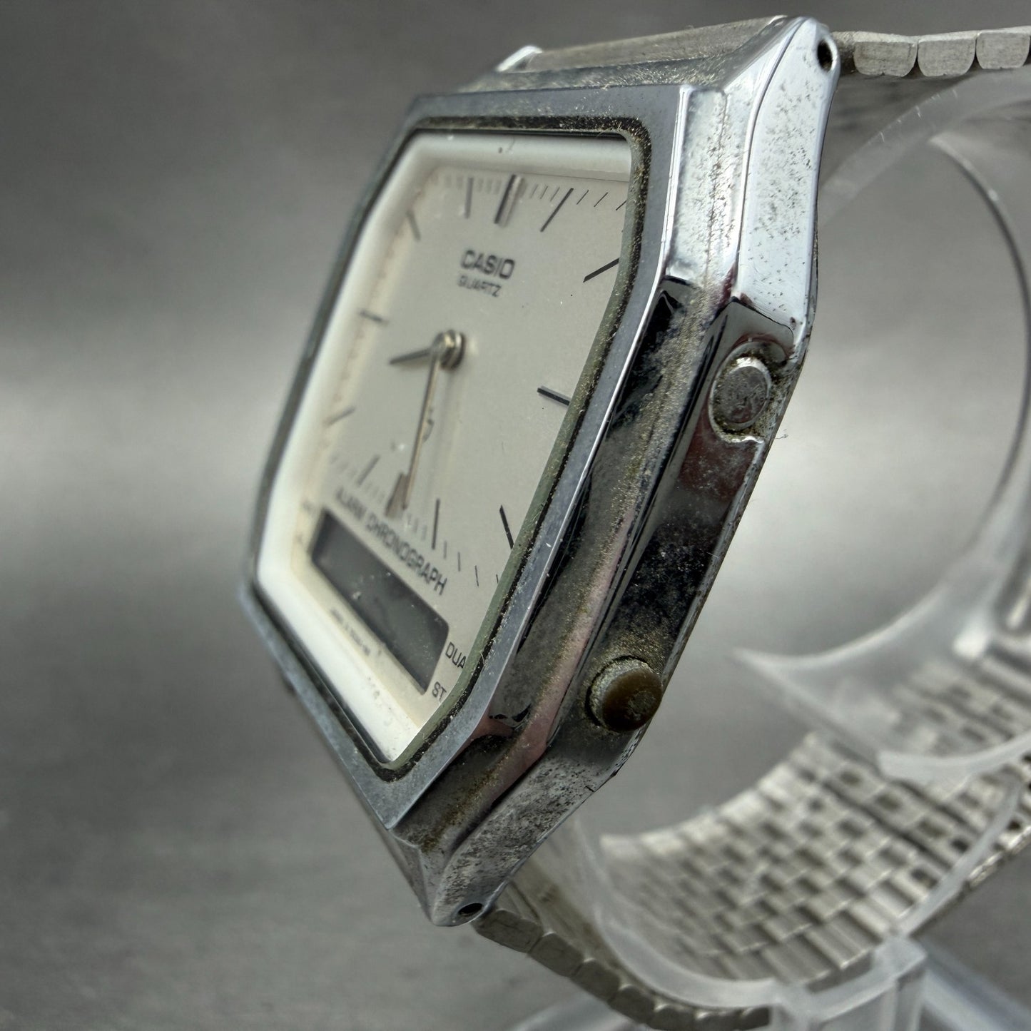 Casio Analog Digital Watch Men 32mm Silver Dial Silver Tone Alarm AQ-200 PARTS3