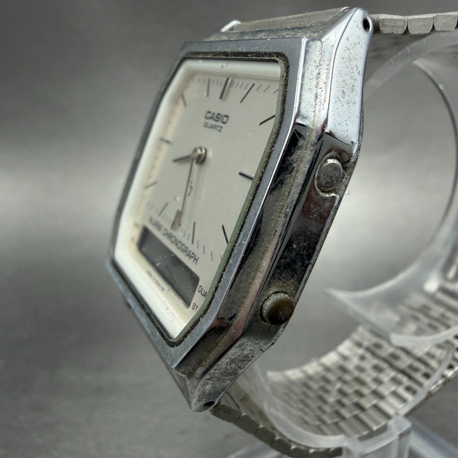 Casio Analog Digital Watch Men 32mm Silver Dial Silver Tone Alarm AQ-200 PARTS3