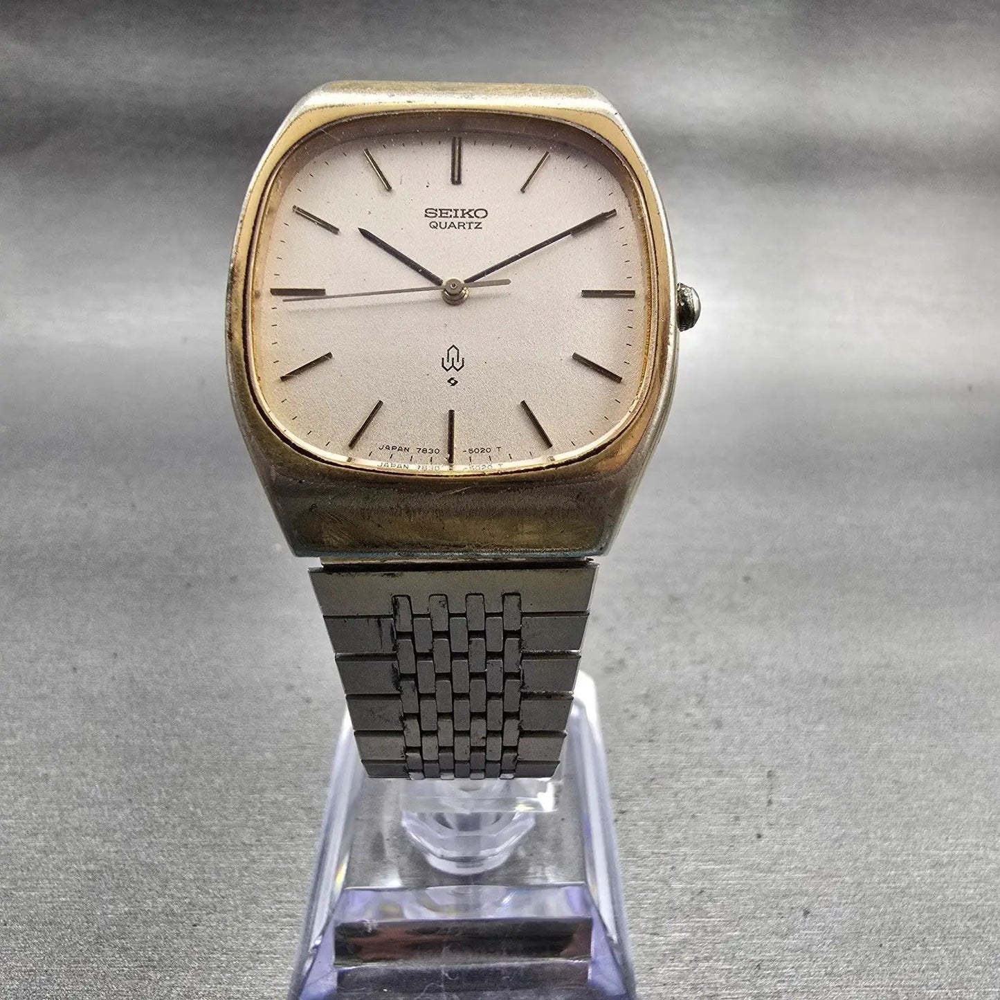 Seiko Watch Men 32mm Champagne Dial Gold Tone Rectangle 7830-5020 New Battery5