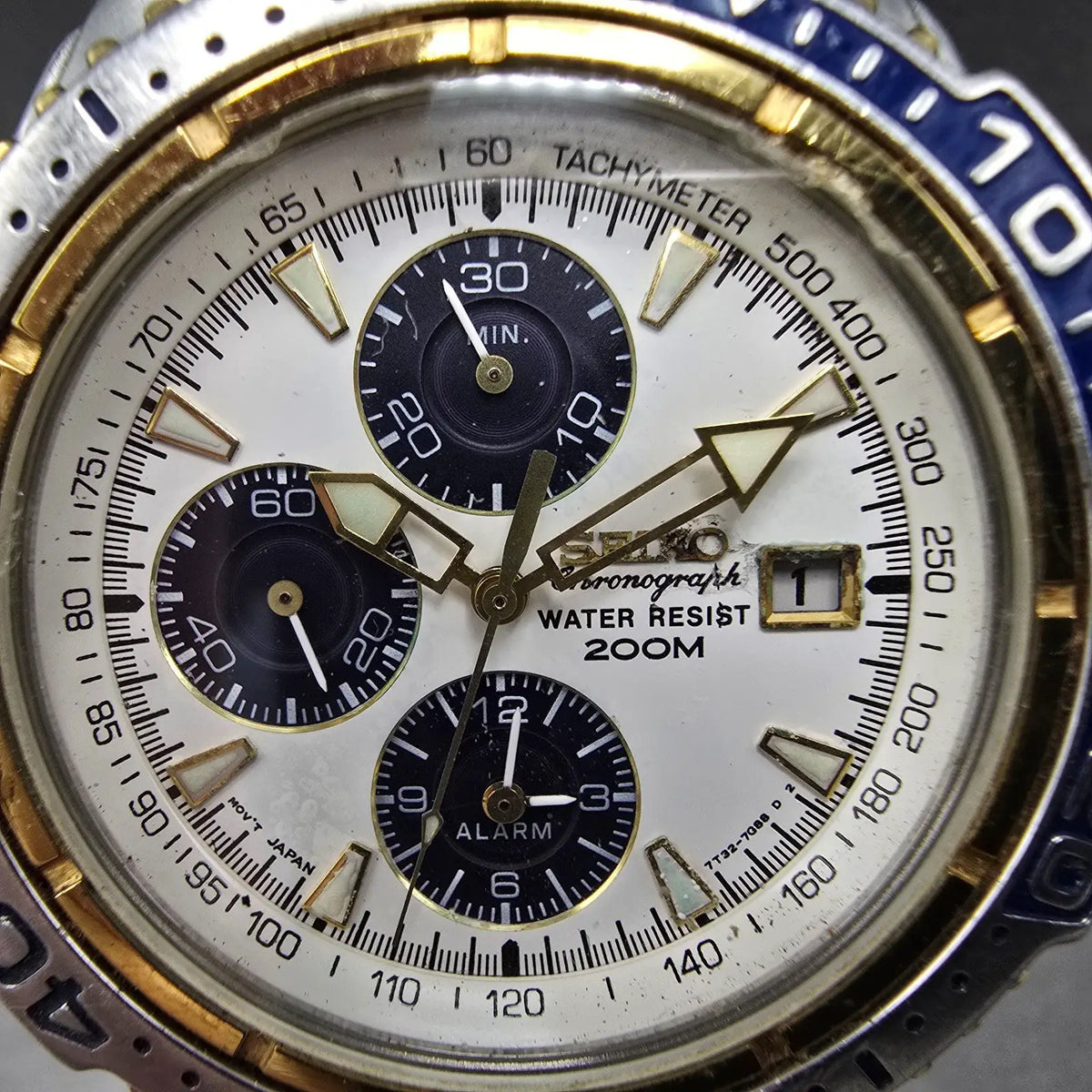 Seiko Chronograph Watch Men 41mm White Dial Two Tone Date READ!! 7T32-7E49 Diver2
