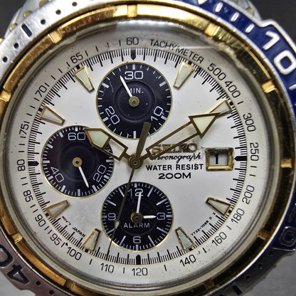 Seiko Chronograph Watch Men 41mm White Dial Two Tone Date READ!! 7T32-7E49 Diver2