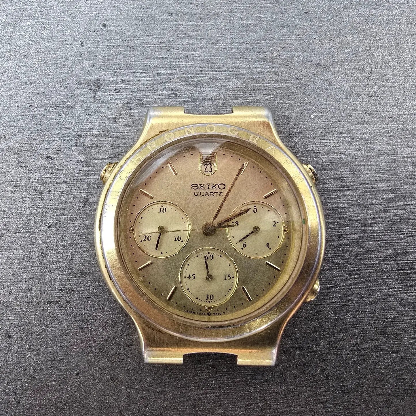 Seiko Chronograph Watch Men 37mm Gold Dial Gold Tone Date 7A34-7019 PARTS0