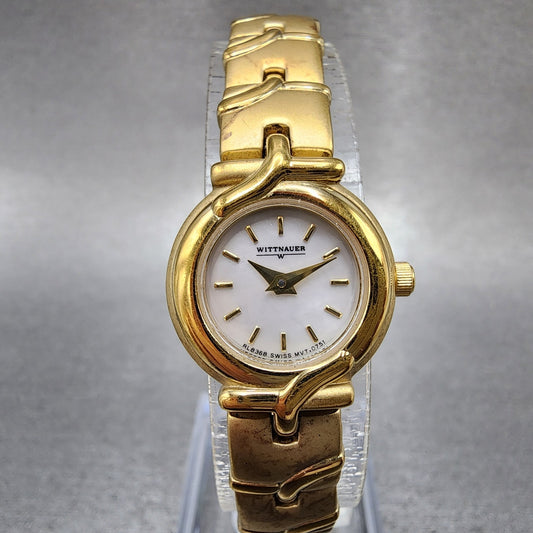 Wittnauer Watch Women 19mm MOP Dial Gold Tone Round RL8368 New Batttery0